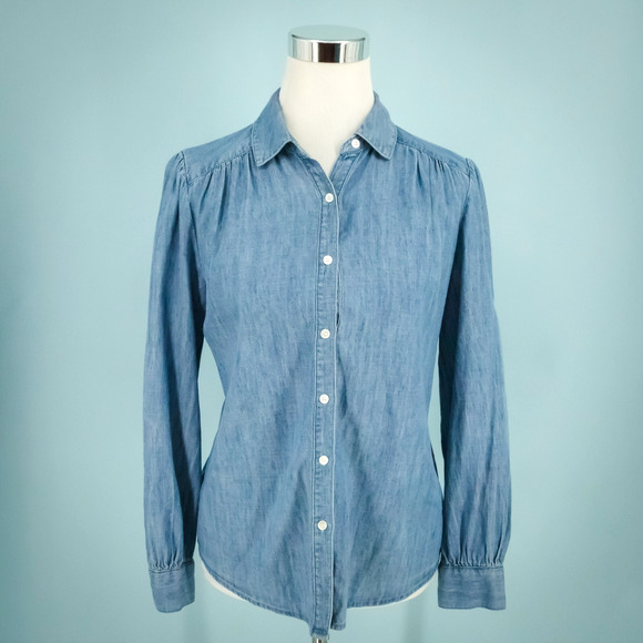 J. McLaughlin Size XS Blue Birdie Linen Blend Chambray Style Collared Button Fro - Picture 1 of 7